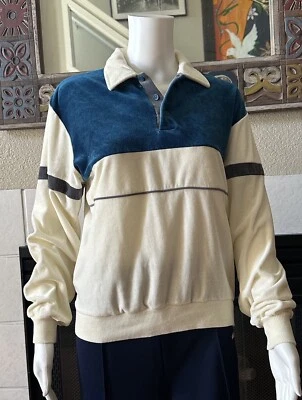 Pullover grande 38-40” pecho vintage años 70-80 Action Hombres verde azulado marfil VELOR RAYAS Foto 1 de 4