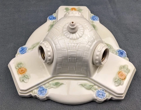 Porcelain PORCELIER Basketweave 3-Bulb Ceiling Fixture: Art Deco & MCM, Restored Cover