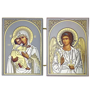 Icon Diptych Virgin of Vladimir and Guardian Angel - Silver and Gold Foil - Picture 1 of 3