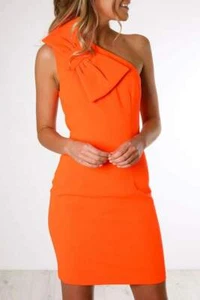 Size 8 One Shoulder Belle Bow Mini Dress BY JOHNNY Neon Orange Cocktail Fitted - Picture 1 of 8