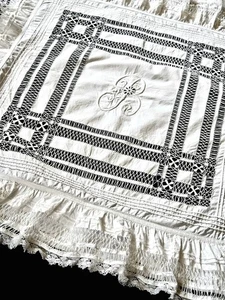 Antique White Work Embroidered Pillow Sham Monogram "B" Large Square - Picture 1 of 22