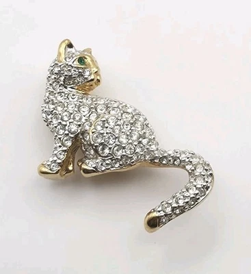 Broche Swarovski Pave Gato Gatito Chapado en Oro Cristal Ojos Verdes Marca de Cisne Foto 1 de 4