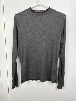 Top largo alto Sally para mujer M cuello enrollado acanalado rojo festoneado modesto oficina Foto 1 de 4