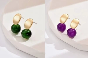 Womens Small Gold Green Purple Two Tone Dangle Decor Earrings Summer Party Gift - Picture 1 of 5