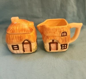 Juego de tazón de azúcar inglés vintage con tapa y crema con techo de paja - Imagen 1 de 10