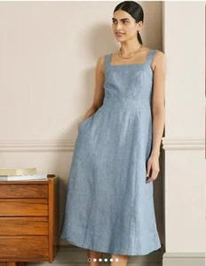 Boden Virginie 100% Linen 20/22L Midi Dress Chambray Blue Fit Flare Pockets Nwt - Picture 1 of 10