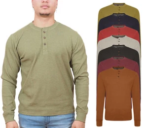 Mens Thermal Top Grandad Collar Cotton Rich Long Sleeve Waffle Knit T-Shirt - Picture 1 of 40