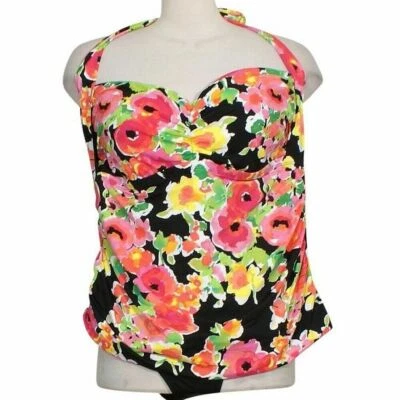 Traje de baño Tankini Halter Floral Brillante Negro Ralph Lauren Ajuste Adelgazante 20W Foto 1 de 3