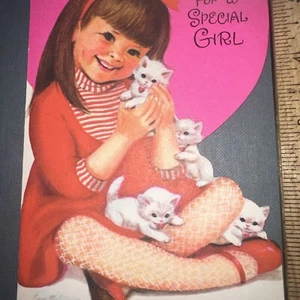 Vtg Valentine’s Day Card Marjorie Cooper Girl White Kittens Red pink Diecut - Picture 1 of 5
