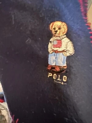 Ralph Lauren Home Fleece Throw Blanket POLO Teddy Bear 52x66 Navy & Red - Image 1 of 4