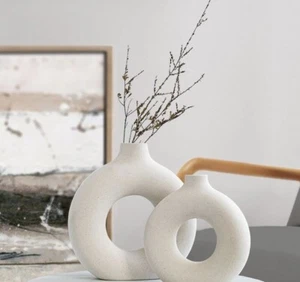 White Ceramic Vase, Modern Vase for Minimalist Decor, Hollow round Matte Pampas - Picture 1 of 2