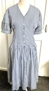 Vintage Blue White Dress Size 14 Marion Donaldson Floral Long Sleeve 70s 80s - Picture 1 of 20