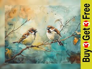 Charming Watercolor Autumn Sparrows, Bird Print 5"x7" on Matte Paper