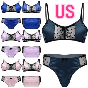 Men Sissy Lingerie Set Bra Top and Panties Satin Briefs Crossdress Nightwear - Picture 1 of 50