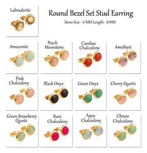 Round Stud Earrings. Natural Gemstone Gold Plated Handmade Dainty Stud Earrings - Picture 1 of 27