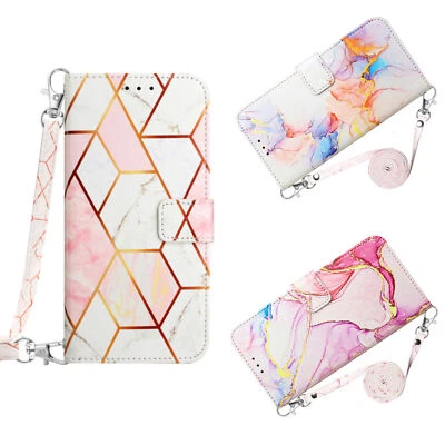 Lanyard Marble Leather Wallet Phone Case for Motorola G14 G62 E13 G32 G73 G23 G - Image 1 of 4
