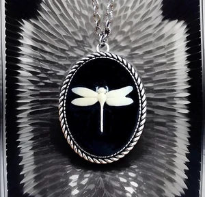 Dragonfly Cameo Necklace Pendant, Ivory on Black Vintage Victorian Style Pendant - Picture 1 of 4