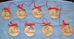 8 Hanging Christmas Wooden Round Discs Red Corded Wood Decor; Statement Garland - Picture 1 of 12