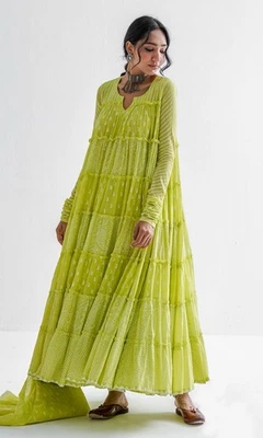 Firdaus Khari Lime Green Block Printed Tiered Anarkali - Set Of 3  - Image 1 of 4