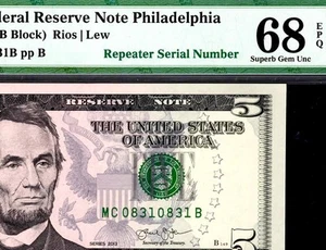 2013 $5 Philadelphia *REPEATER* Federal Reserve Note FRN • 1996-C • PMG 68 EPQ - Picture 1 of 3