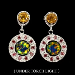 Orecchini in argento sterling 925 opale di fuoco tondo citrino rodolite... - Foto 1 di 14