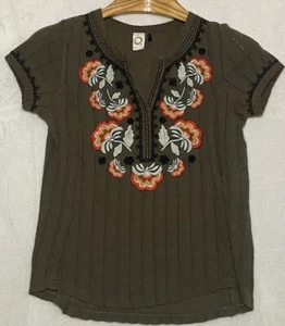 Anthropologie Akemi Kim Women Shirt Small Khaki Brown Embroidered Floral Boho - Picture 1 of 8