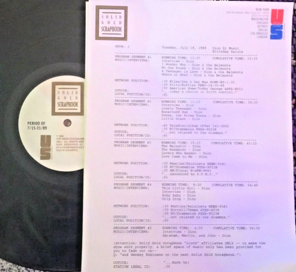 7/18/89 SOLID GOLD SCRAPBOOK SALUTES DION DiMUCCI  w/4 DION INTERVIEWS/16 HITS - Image 1 of 1