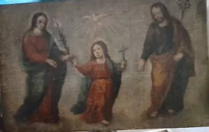 Virgin Mary Madonna, Joseph and Child Oil on Canvas Painting Icon Antique C17th - Picture 1 of 9