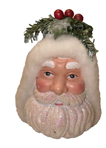 "Adorno de árbol de Navidad acebo y bayas cabeza de Papá Noel brillante en barba vacaciones 4" - Imagen 1 de 6