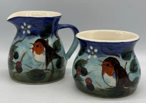 Hand Painted Signed Ceramic Creamer Open Sugar Bird and Bee - Picture 1 of 12