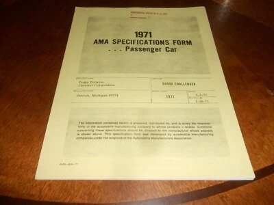 Dodge Challenger Ama 1972 especificaciones/manual de especificaciones de 34 páginas/folleto 72 Foto 1 de 3