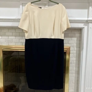 Escada Dress Sz 46 Navy Blue & ivory Color block Dress Shirt Sleeve Professional - Picture 1 of 11