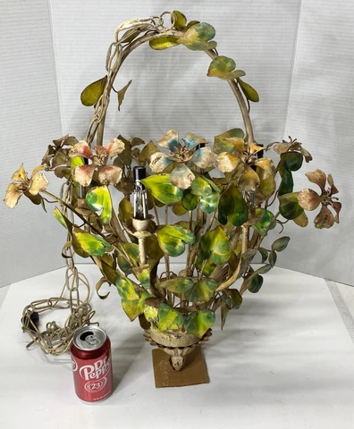 Vintage Antique Italian Tole Chandelier Flowers Floral green vine Great Patina Cover