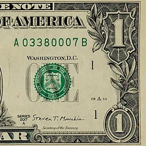 007 James Bond One Dollar Bill A03380007B 2017A Short Run 6.4mm Quad 0s Pair 3s - Bild 1 von 8