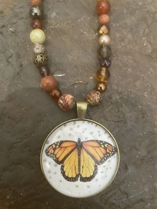 Retro Monarch Butterfly Bronze Pendant Crystal Agate Jasper Tigers Eye Necklace - Picture 1 of 3