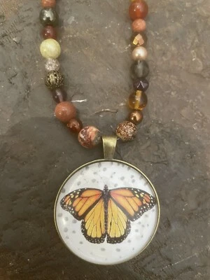 Collar Retro Monarca Mariposa Bronce Colgante Cristal Ágata Jaspe Ojo de Tigre Foto 1 de 3
