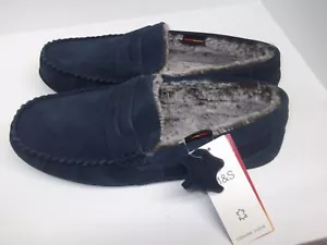 Marks & Spencers M&S men's blue suede moccasin slippers fur lined 10 EU 44.5 - Picture 1 of 8