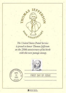 #2185 First Day USPS Card 29c Thomas Jefferson Stamp - Picture 1 of 1
