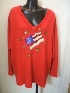 Neu mit Etikett Quacker Factory Pullover rot Flagge USA Größe 2X NEU Perlen Pailletten Glitzer - Bild 1 von 12