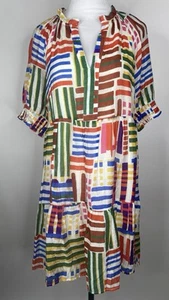 THML Tiered Short Sleeve Dress Size L Cream Multicolor Print Lined Whimsy Artsy - Picture 1 of 13
