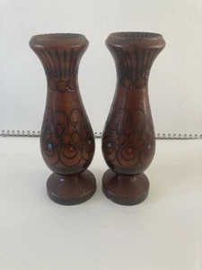 Vintage Hand Carved Wooden Hungarian Wooden Candle Sticks 7” Boho Decor Kitsch - Picture 1 of 5