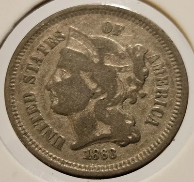 1868 Three Cent Piece Nickel 3c Antique United States of America III Coin 2 - Image 1 of 2