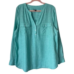 Top Talbots donna XL blu lino manica lunga Popover estivo minimalista spiaggia - Foto 1 di 10