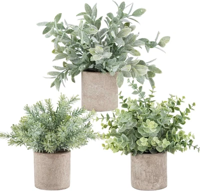 Paquete de 3 mini plantas falsas en maceta de plástico artificial plantas de eucalipto topiarios para Foto 1 de 4