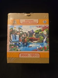 WOODEN CITY PUZZLE:  2000 pieces Waterfall in Japanese Garden Double sided - Picture 1 of 8