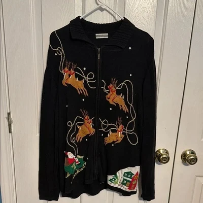 Ladies Investments Christmas Cardigan Sweater, Size XL- Black - Image 1 of 4