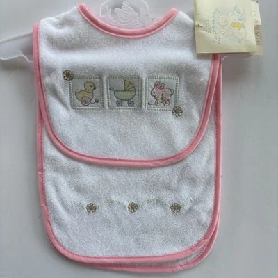 Conjunto de pano bordado vintage bebê menina babador e arroto coelho pato terrycloth novo com etiquetas - Imagem 1 de 4