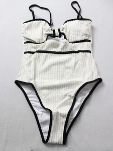 Cupshe x JoJo Womens Coastal Rib Knotted Cutout Piping Swimsuit AP2 White Medium - Picture 1 of 3