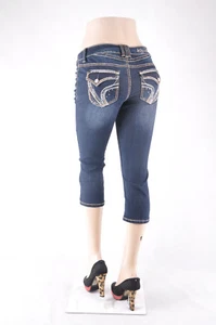 Neu "Aryia" Junior & Plus Stretch Denim Capri Jeans Dark Denim Wash WG-495 - Bild 1 von 3