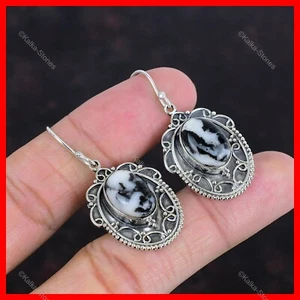 Oval Natural White Buffalo Turquoise Dangle Drop Earrings 925 Sterling Silver - Picture 1 of 6